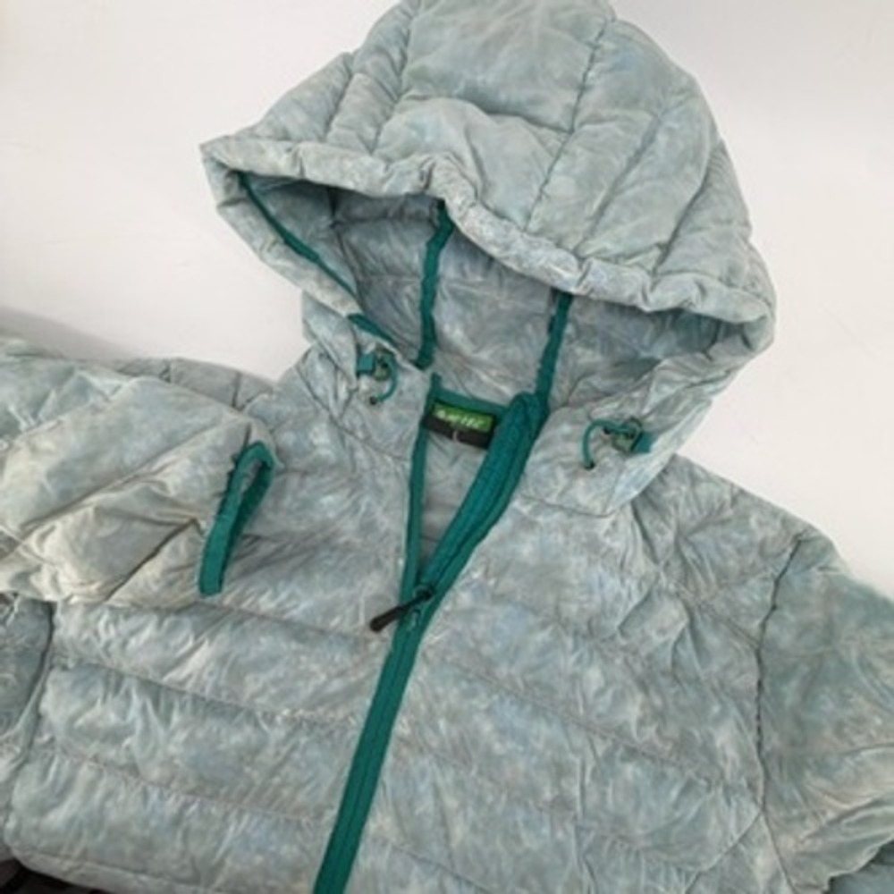 Hi-Tec Timaru Down Hoodie Womens Large Blue Marble Print Puffer Jacket Teal Trim